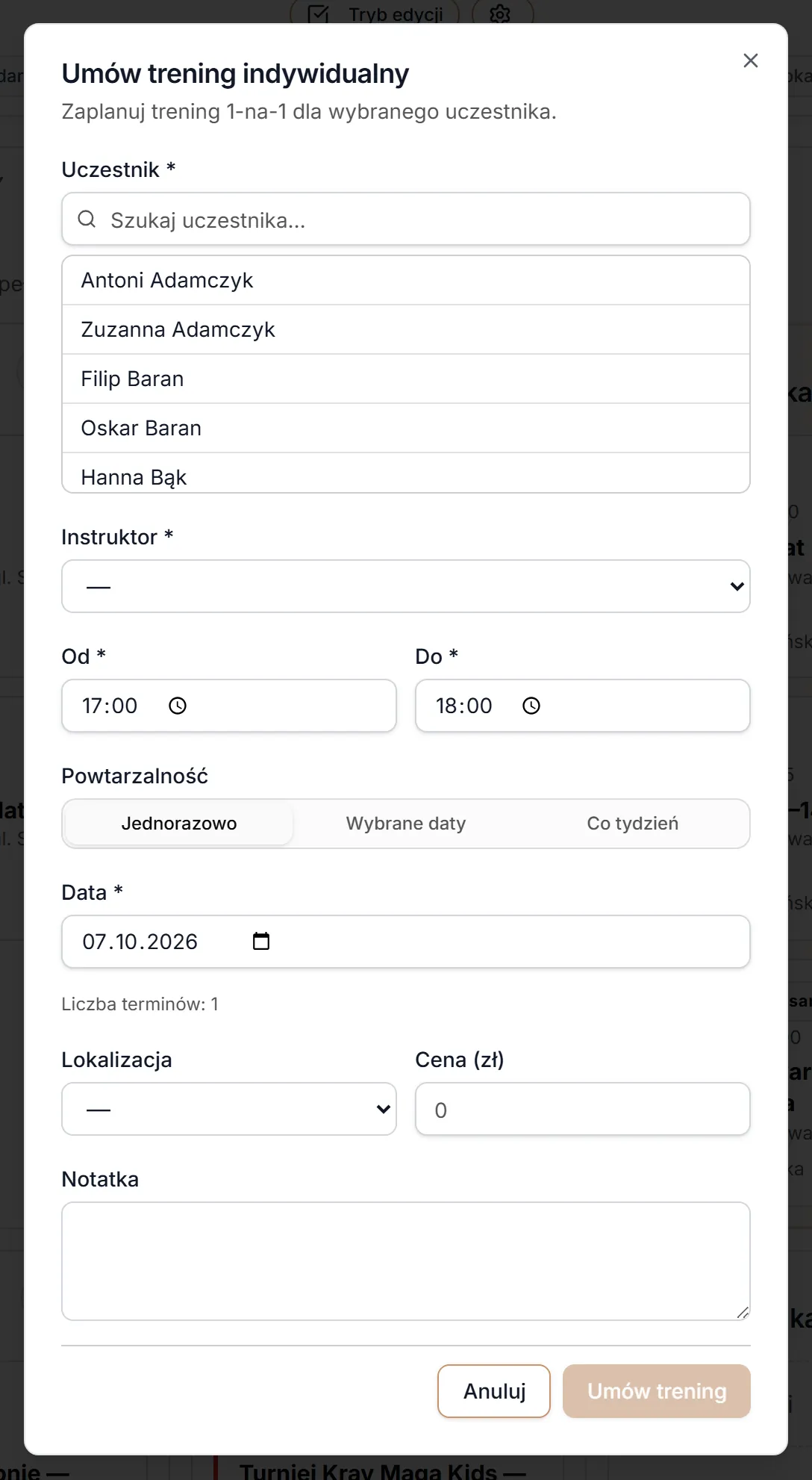 Okno Umów trening indywidualny