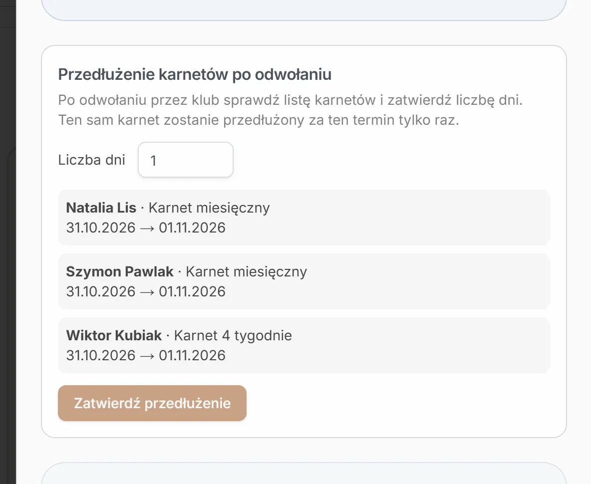 Karnety do przedłużenia po odwołanym treningu