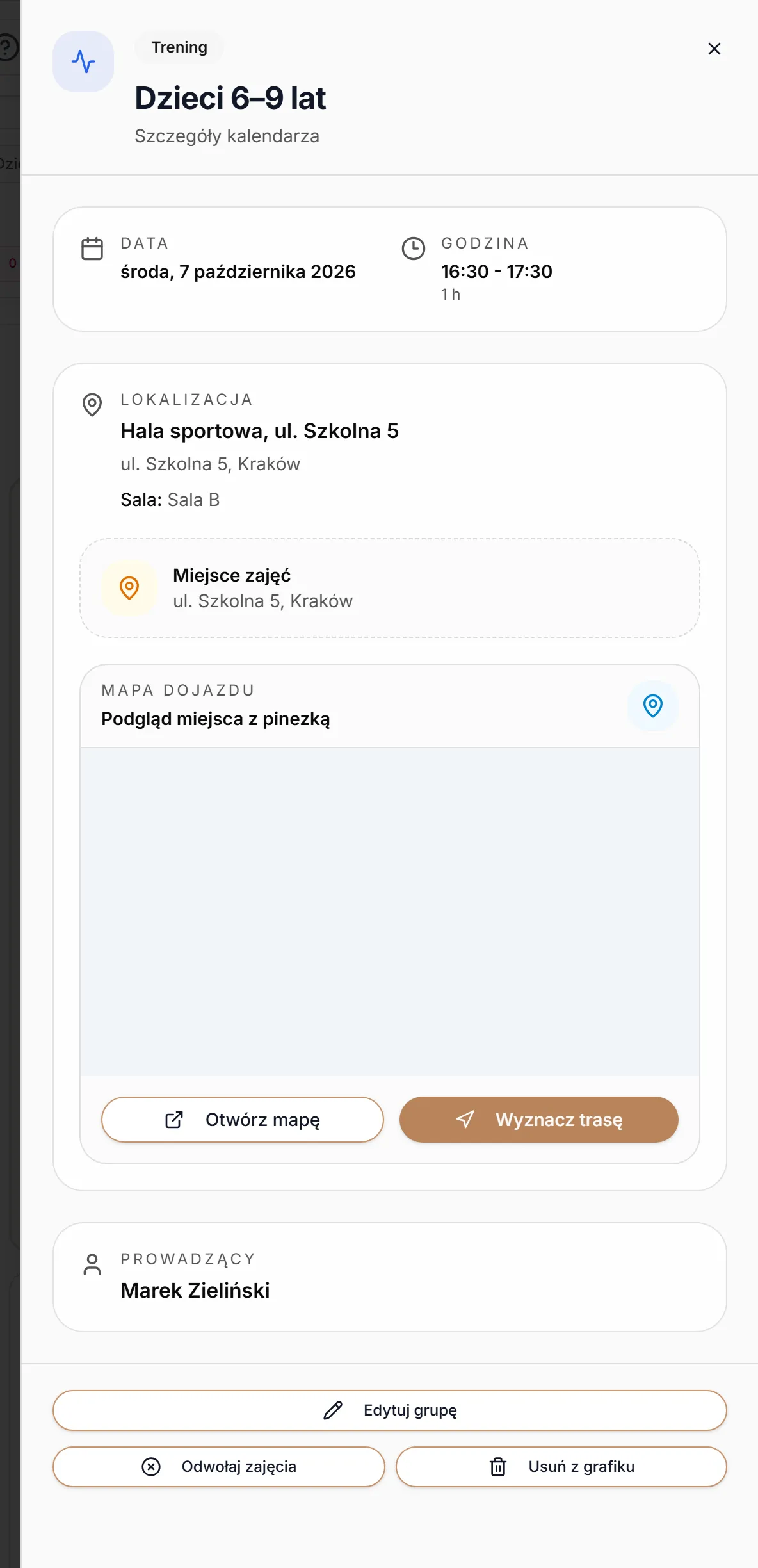 Panel szczegółów treningu grupy
