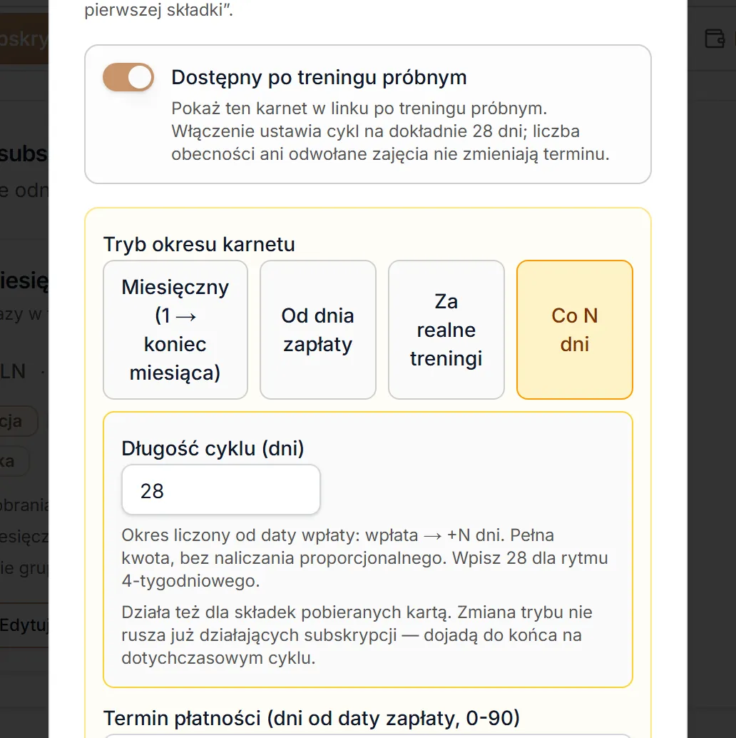 Dostępny po treningu próbnym — cykl 28 dni