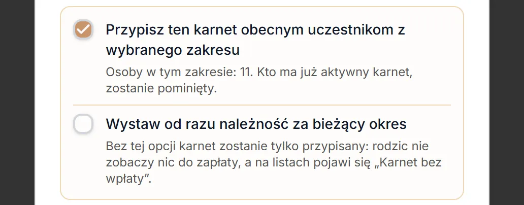 Przypisanie karnetu obecnym uczestnikom