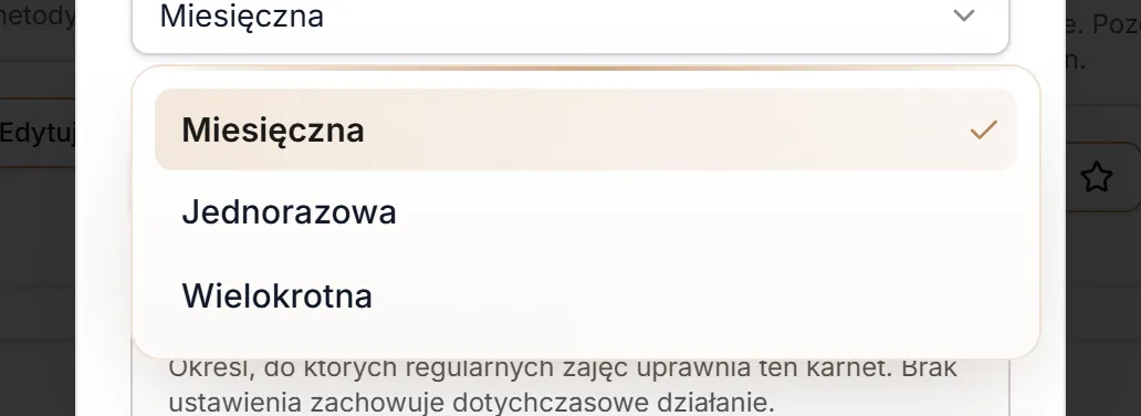Tryb zakupu karnetu — lista wartości