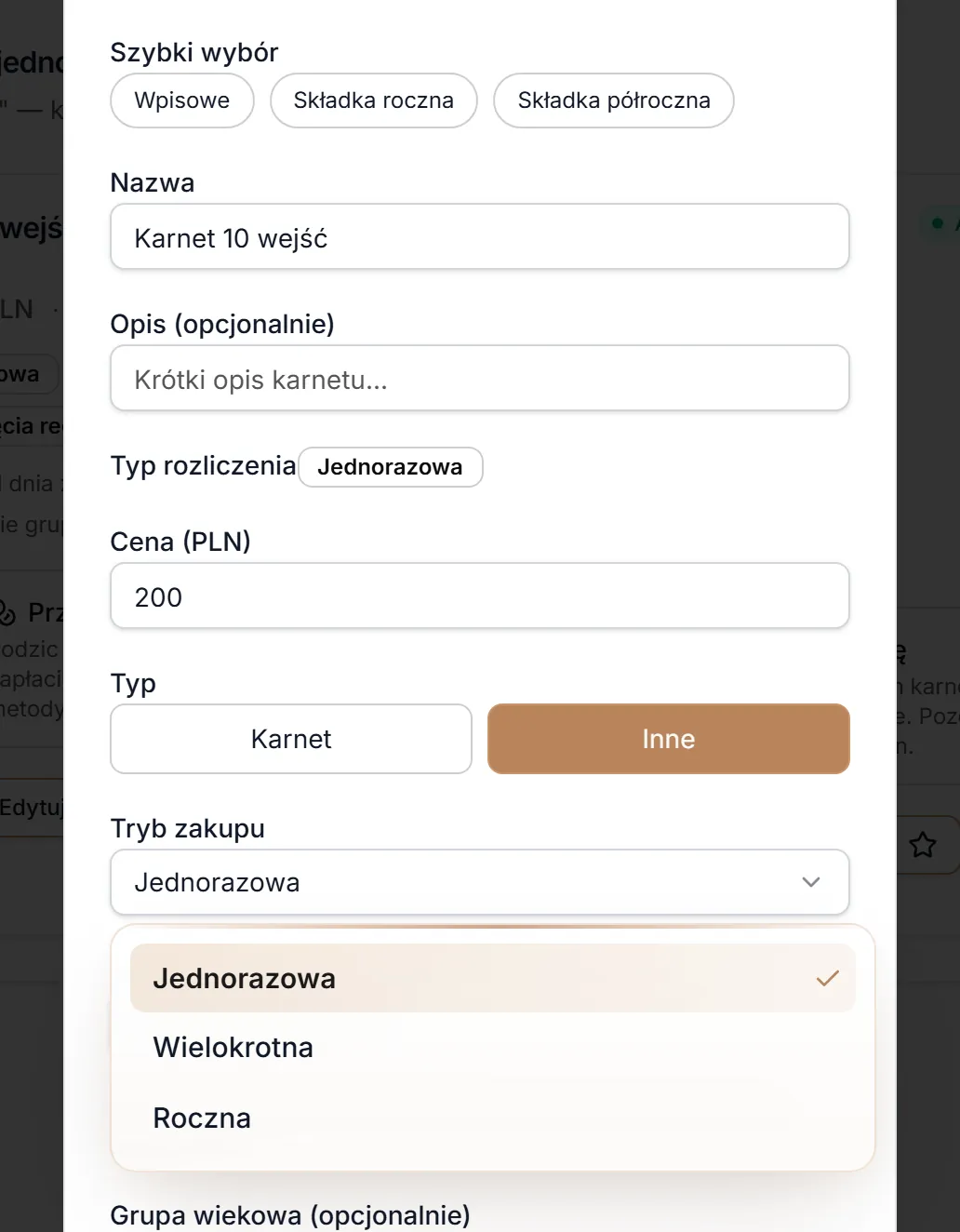 Typ Inne — okno zmienia się w Nową opłatę