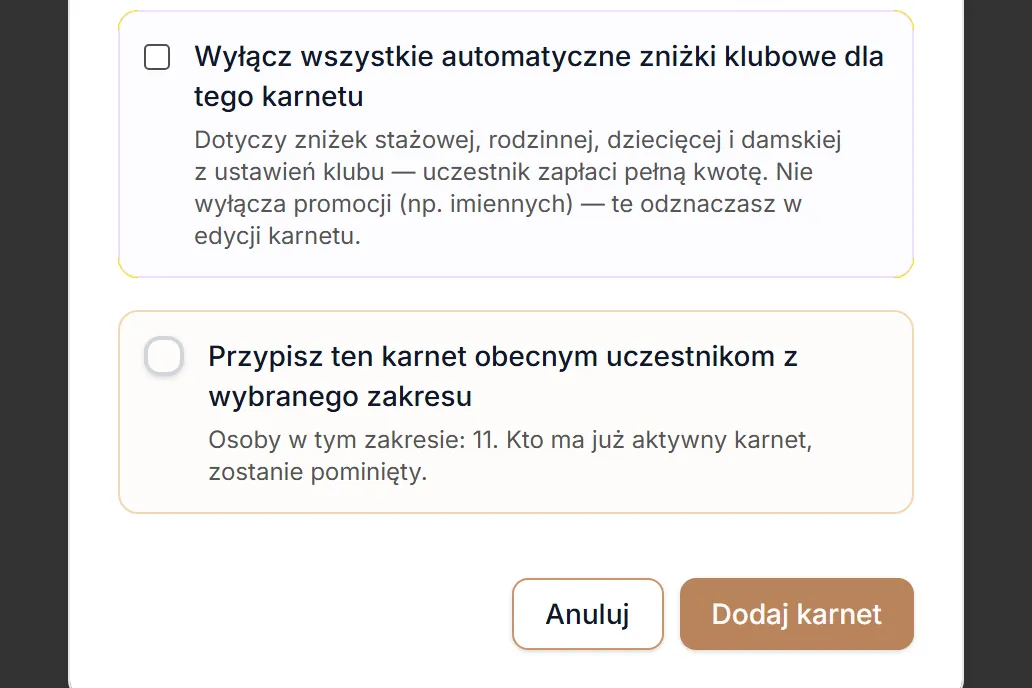Zniżki automatyczne, Anuluj i Dodaj karnet