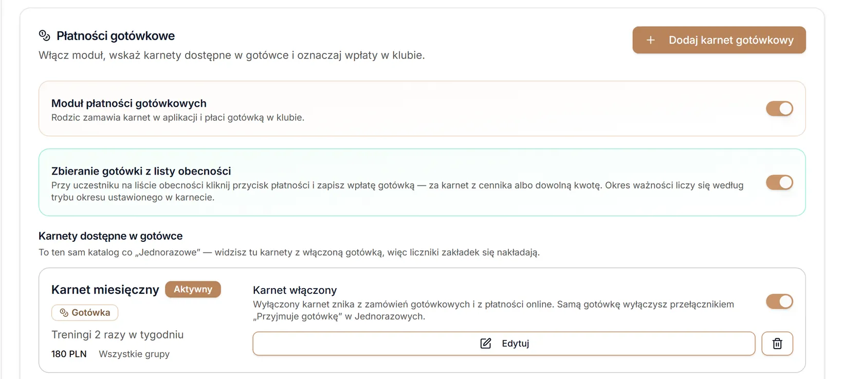 Moduł gotówkowy i karnety dostępne w gotówce