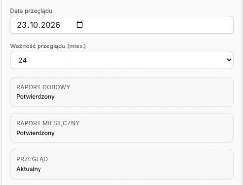 Zapisana data i ważność przeglądu oraz jego aktualny status