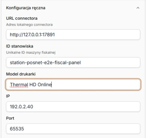 Posnet — pola ręcznej konfiguracji i przykładowy adres drukarki