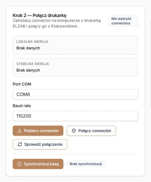 ELZAB — ręczny port COM i prędkość połączenia bez wykrytego konektora
