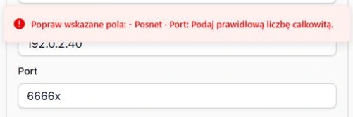 Błędny port Posnet — komunikat walidacji i zachowany wpis do poprawienia