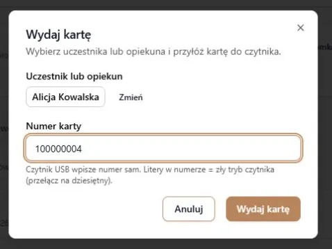 Formularz wydawania karty — przed zatwierdzeniem