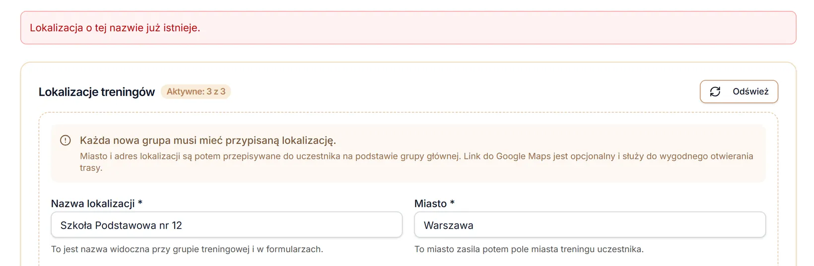 Lokalizacja o tej nazwie już istnieje