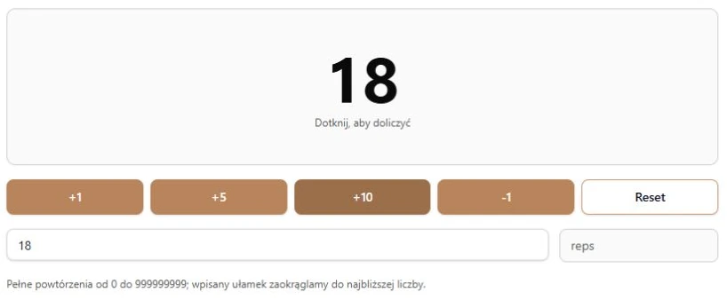 Licznik powtórzeń: pole dotykowe, kroki i ręczna korekta liczby