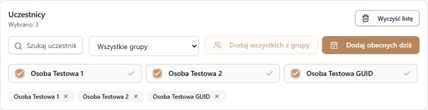 Wybór grupy i obecnych dzisiaj z zachowaniem dotychczasowych zaznaczeń