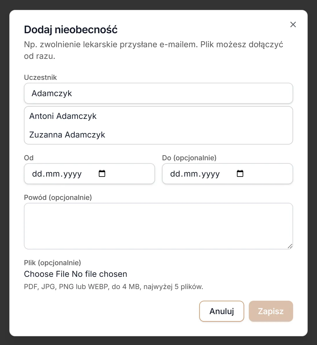 Lista pasujących uczestników