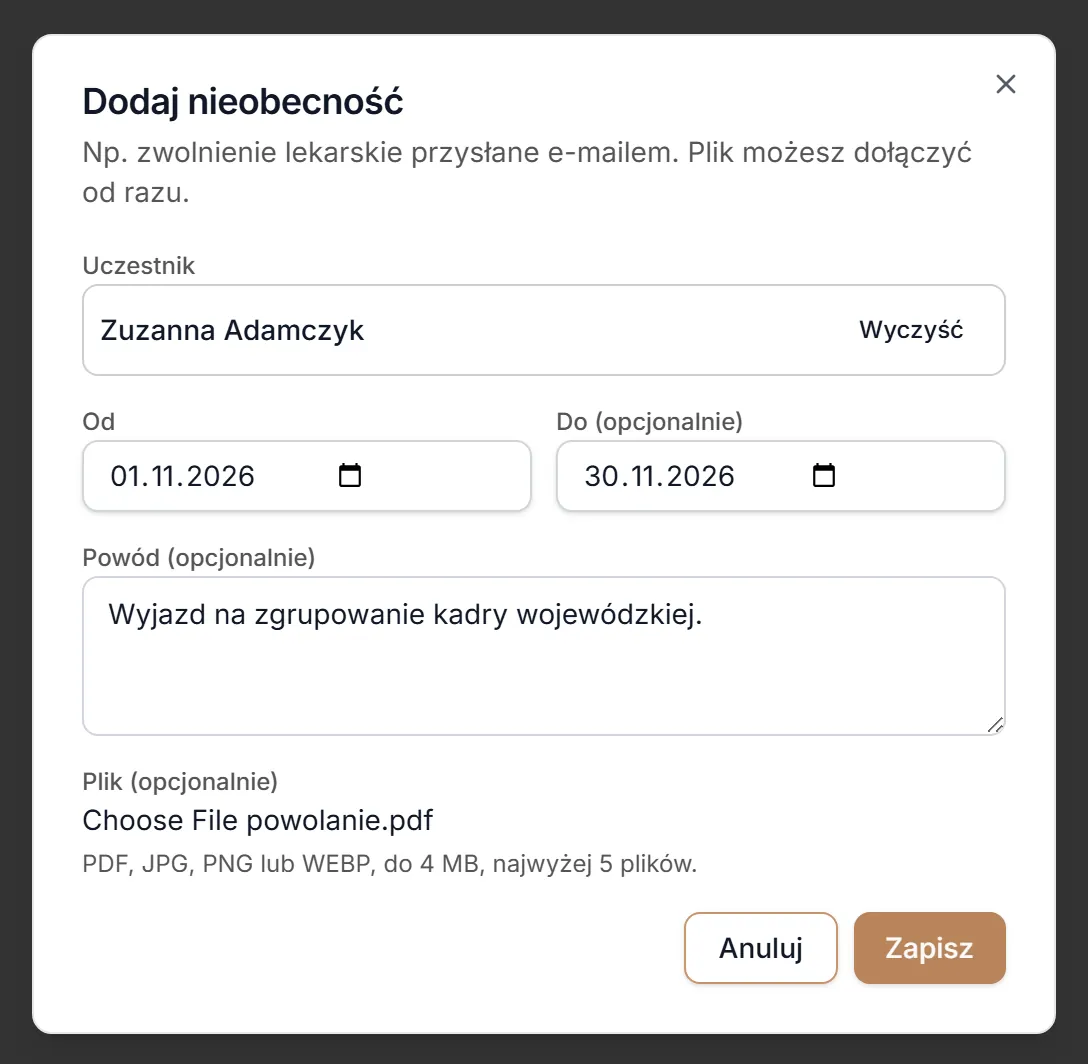 Wypełniony formularz