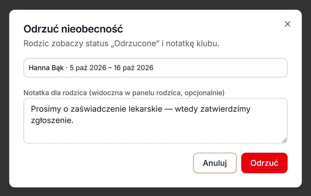 Okno odrzucania nieobecności