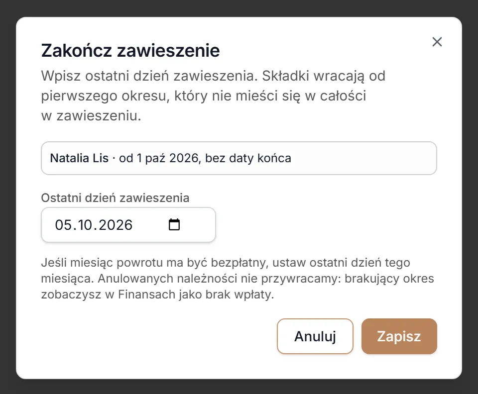 Zakończenie zawieszenia karnetu