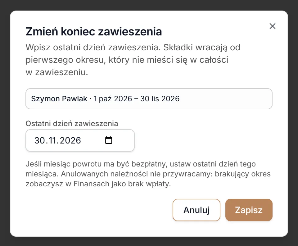 Zmiana końca zawieszenia