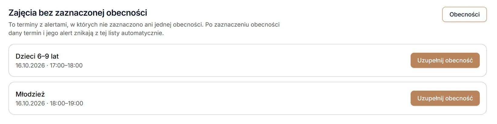 Lista terminów bez zaznaczonej obecności