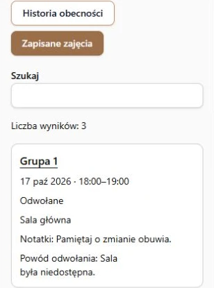 Zachowane zajęcia i powód odwołania