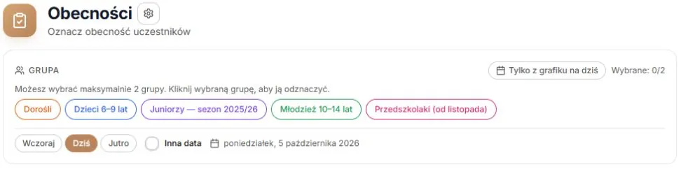 Wybór grupy i dnia, w tym skróty Wczoraj, Dziś i Jutro
