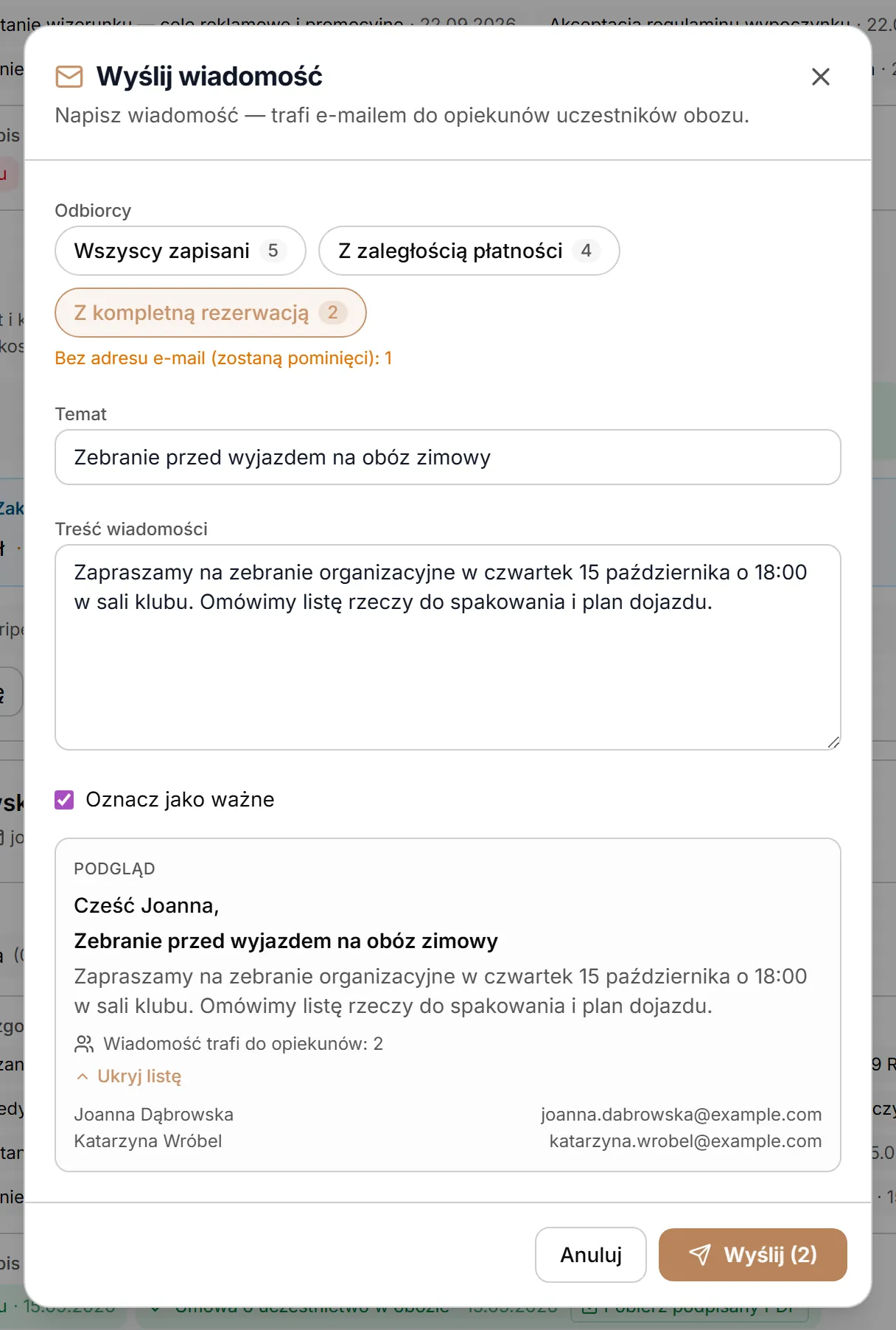 Odbiorcy z kompletną rezerwacją