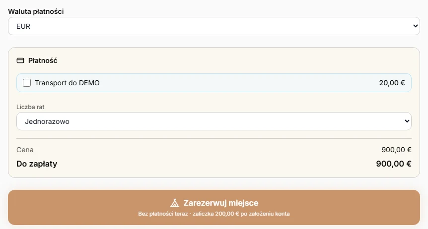 Wybór euro w formularzu rezerwacji