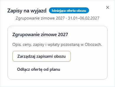 Podłączona istniejąca oferta obozu w Planie roku