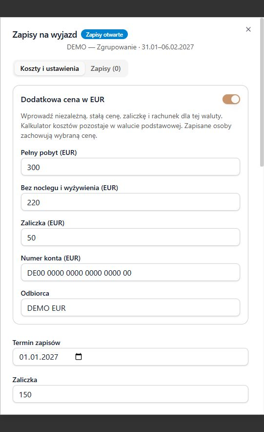 Niezależne ceny i zaliczka EUR w zapisach na wyjazd — dane DEMO