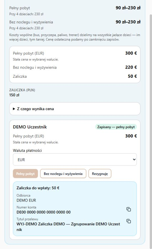 Zapis uczestnika w EUR: wybrana cena, zaliczka i właściwy rachunek — dane DEMO