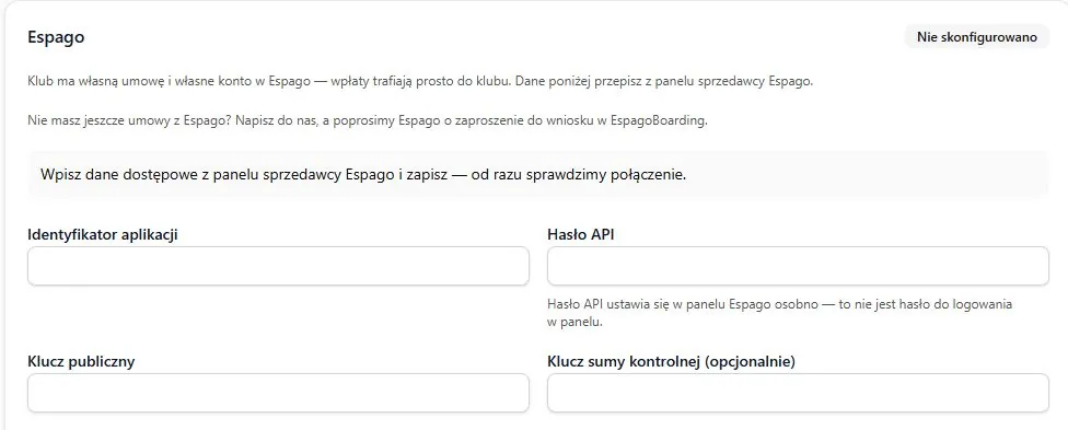 Karta Espago przed wpisaniem danych — Nie skonfigurowano