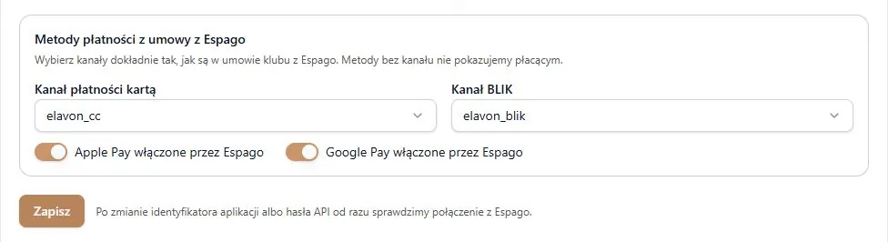 Kanały z umowy i zapis konfiguracji — przykład z Elavon