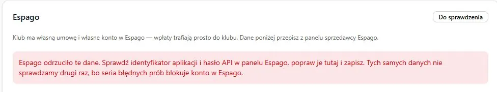 Odrzucone dane dostępowe — najpierw popraw identyfikator lub hasło API