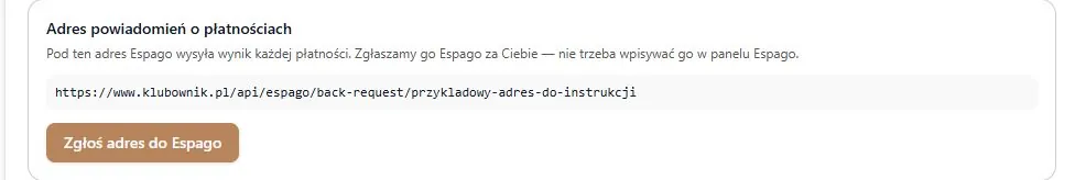 Zgłoszenie adresu powiadomień z karty Espago — adres przykładowy