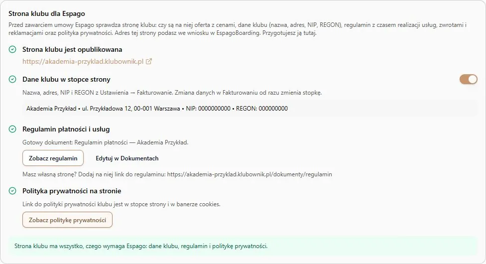 Opublikowana strona, stopka i dokumenty — po przygotowaniu