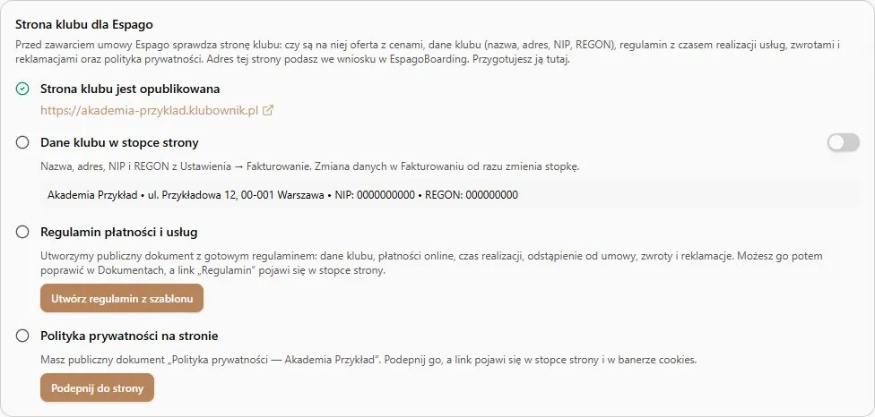 Przygotowanie strony klubu w karcie Espago — dane przykładowe