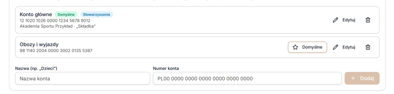 Lista kont bankowych i dodawanie