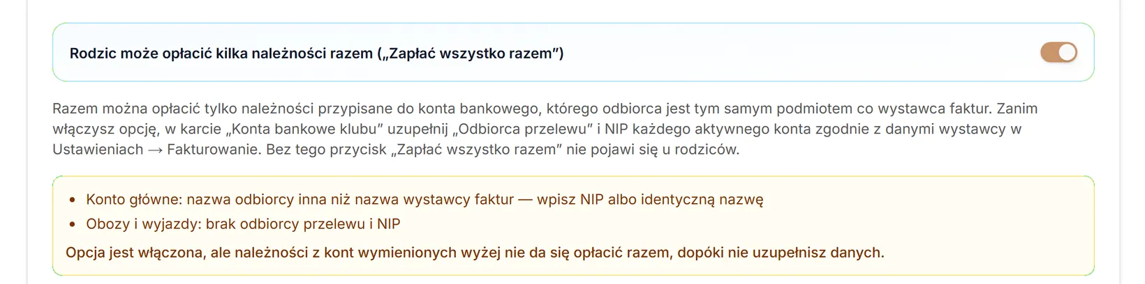 Płatność zbiorcza rodziny — włączona