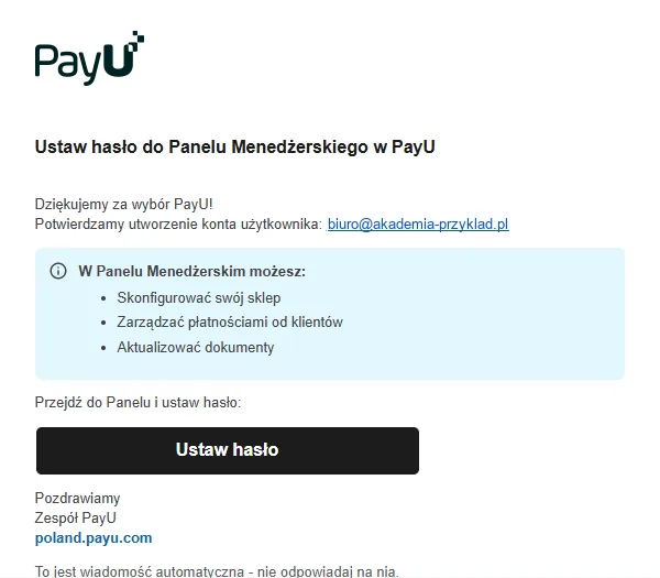 E-mail od PayU z dostępem do panelu