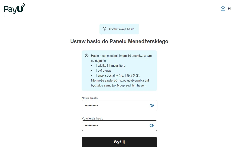 Ustawienie hasła do panelu PayU