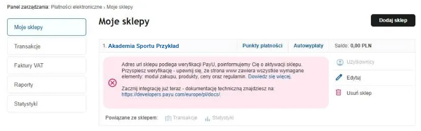 Sklep klubu w panelu PayU