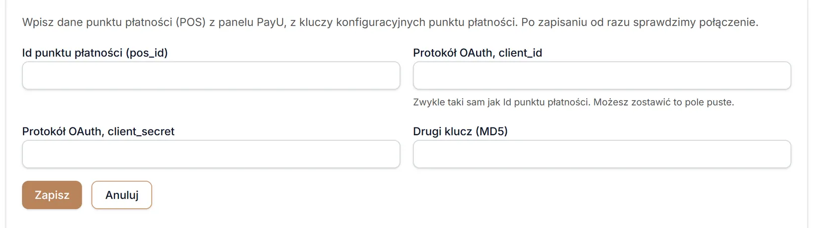 Dane istniejącego konta PayU