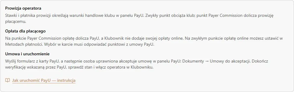 Opis prowizji, umowy i link do instrukcji PayU w karcie operatora