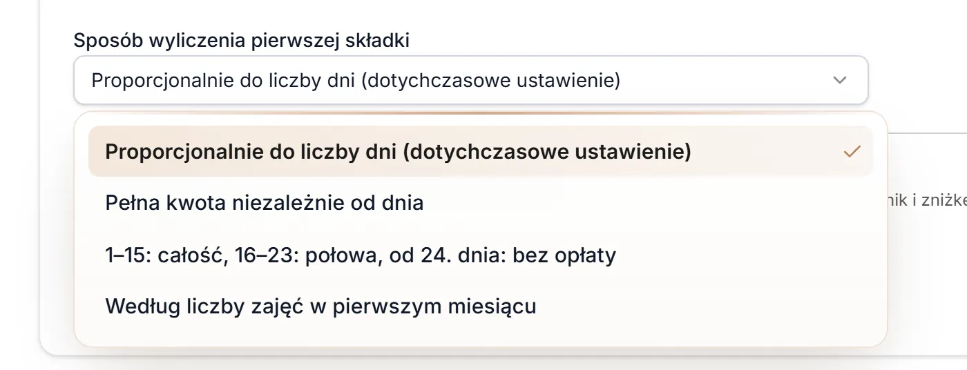 Pierwsza składka — lista wartości