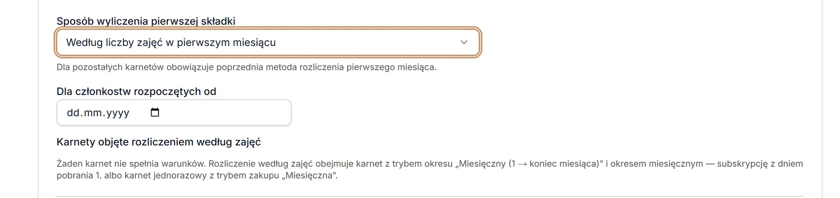 Pierwsza składka według liczby zajęć