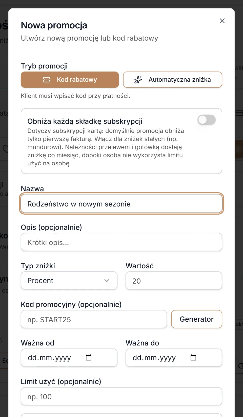 Nowa promocja — kod rabatowy: tryb, wartość, kod i ważność