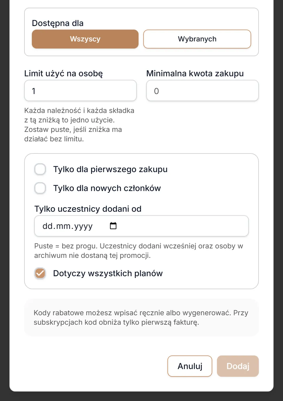 Nowa promocja — kod rabatowy: odbiorcy, limity i plany