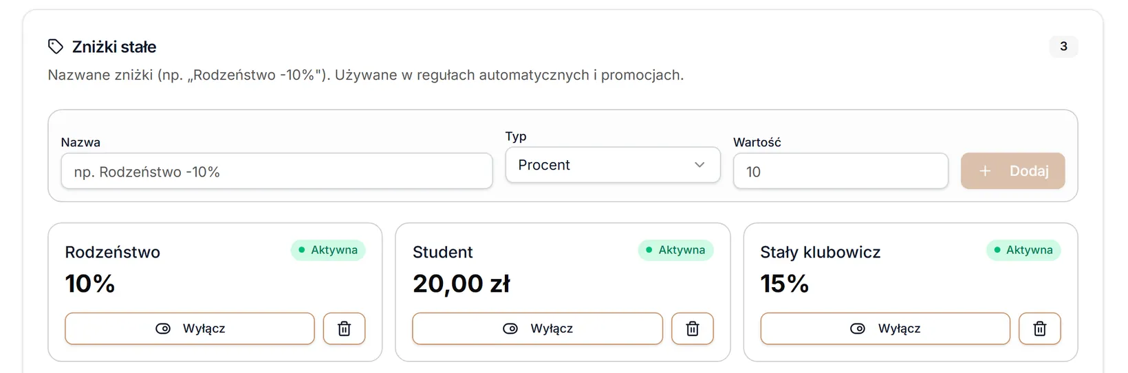 Zniżki stałe — dodawanie i lista