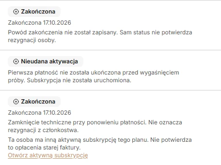 Przykłady opisów zakończenia: brak zapisanego powodu, nieudana aktywacja i techniczne ponowienie płatności