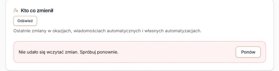 Niepotwierdzony rejestr zmian — trwały błąd zamiast pustej listy i Ponów; dane przykładowe